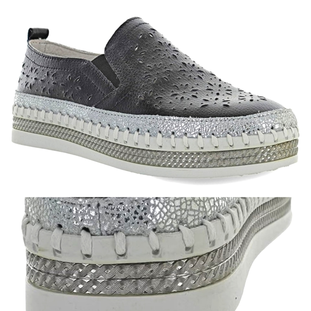 Bernie Mev TW99 Slip On Leather Perforated Black Shoes Flats Metallic Cushioned